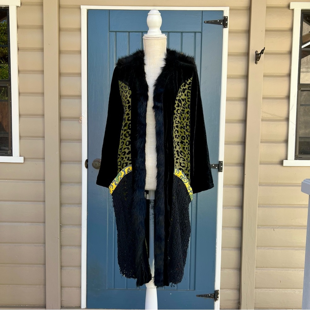 Vintage Ania A Boho Faux Fur Trim Leopard Print Duster Coat Women’s Size Medium